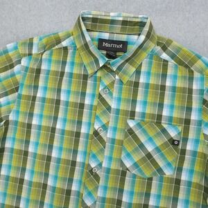 Marmot Button‎ Front Shirt Men's L Green Plaid Light Weight Organic Cotton